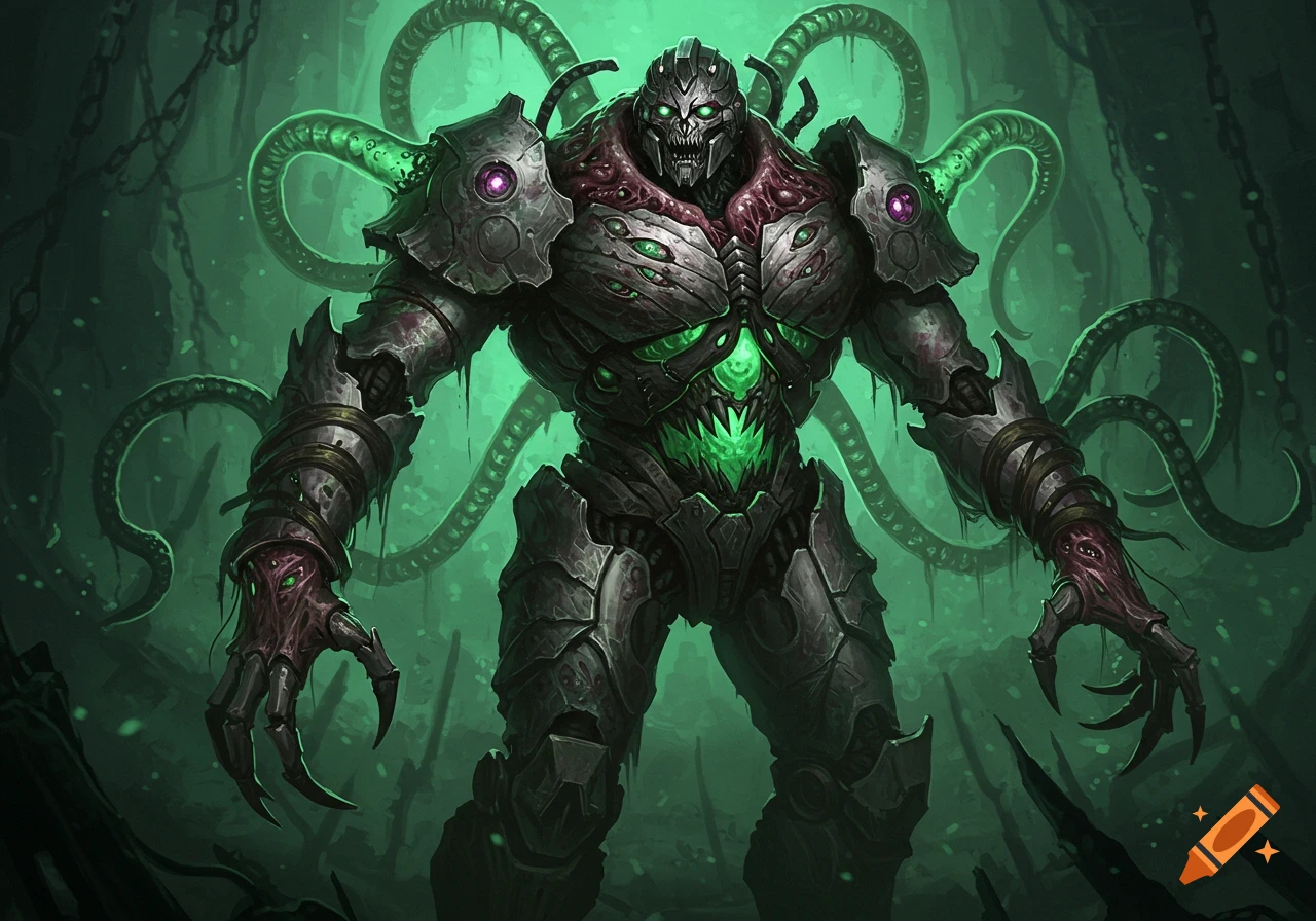 A terrifying biopunk robot monster in dark armor with exposed flesh, glowing green features, and tentacles stands in a murky green environment.
