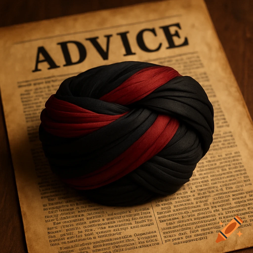A black and red fabric turban sits on an old newspaper page with the heading "ADVICE" in a photorealistic style.
