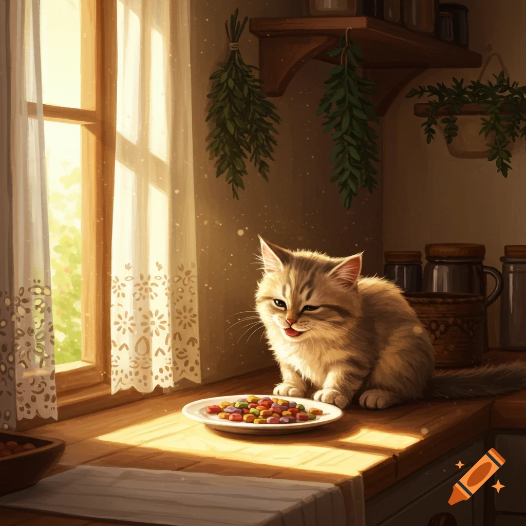 A fluffy kitten sits on a sunlit kitchen counter next to a plate of colorful treats, licking its lips.