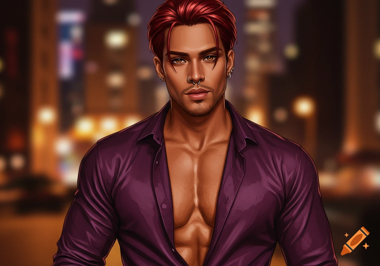 Stylized illustration of a muscular man with red hair, brown eyes, nose ring, and an unbuttoned purple shirt against a blurred city night background.