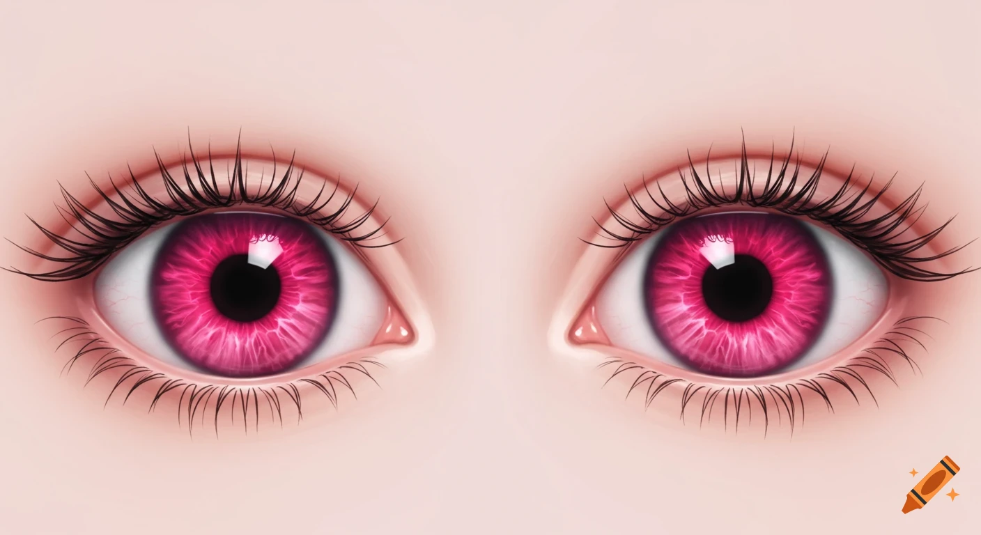 Close-up of two stylized eyes with vibrant pink irises, featuring a detailed blending from bright pink around the pupil to darker pink outwards.