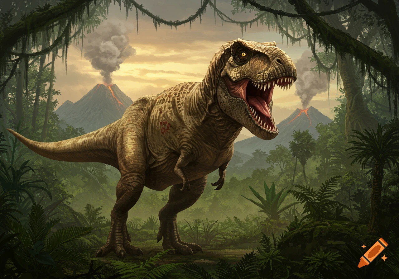 A fierce Tyrannosaurus Rex roars in a lush prehistoric jungle with erupting volcanoes under a dramatic sky.