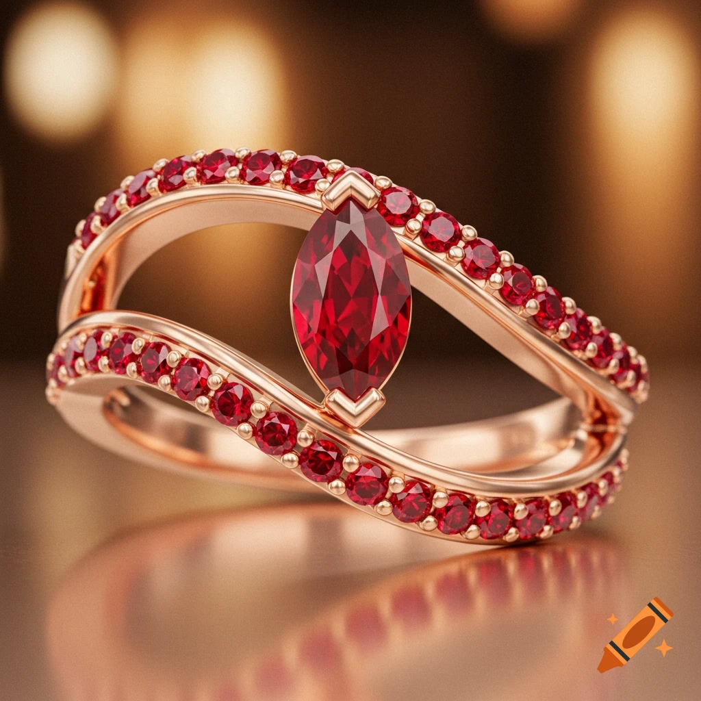 A rose gold twisted ring with a marquise ruby center stone and small round rubies along the bands, on a reflective surface.