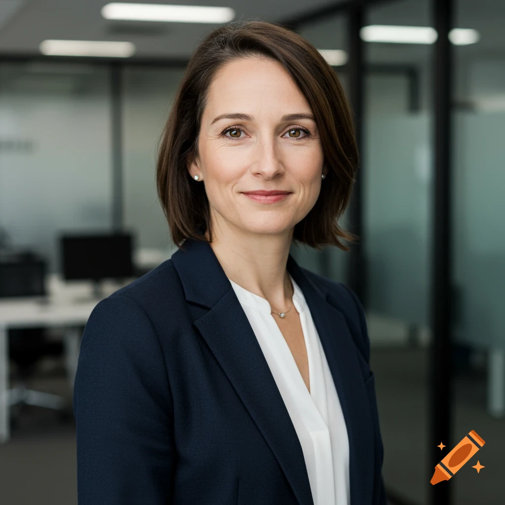 Photorealistic headshot of a smiling professional woman with a friendly expression in a modern office.