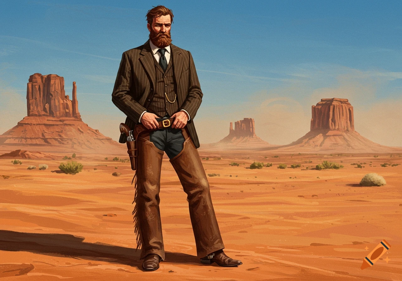 A bearded gunslinger in a pinstriped suit and chaps with a pistol stands in a vast desert with mesas, western art style.