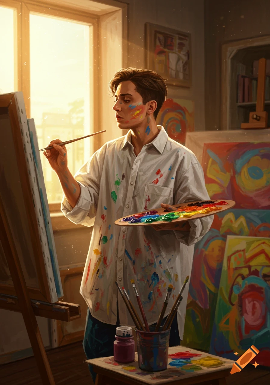 A male artist, splattered with paint, paints on a canvas in a sunlit studio, holding a colorful palette.