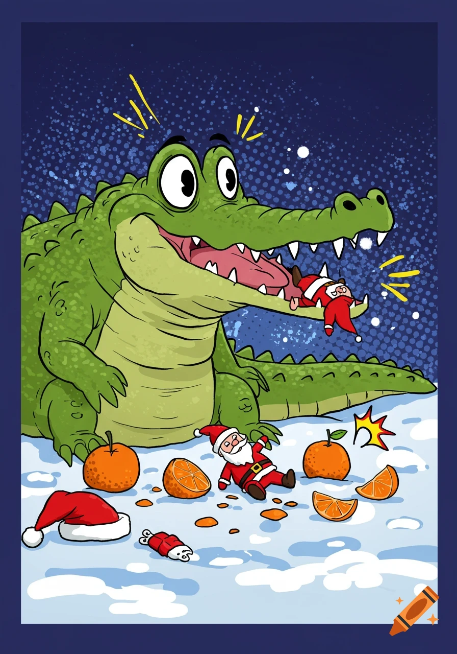 A cartoon green crocodile with an open mouth eats a tiny Santa Claus, while other Santa parts and oranges lie on the snow.