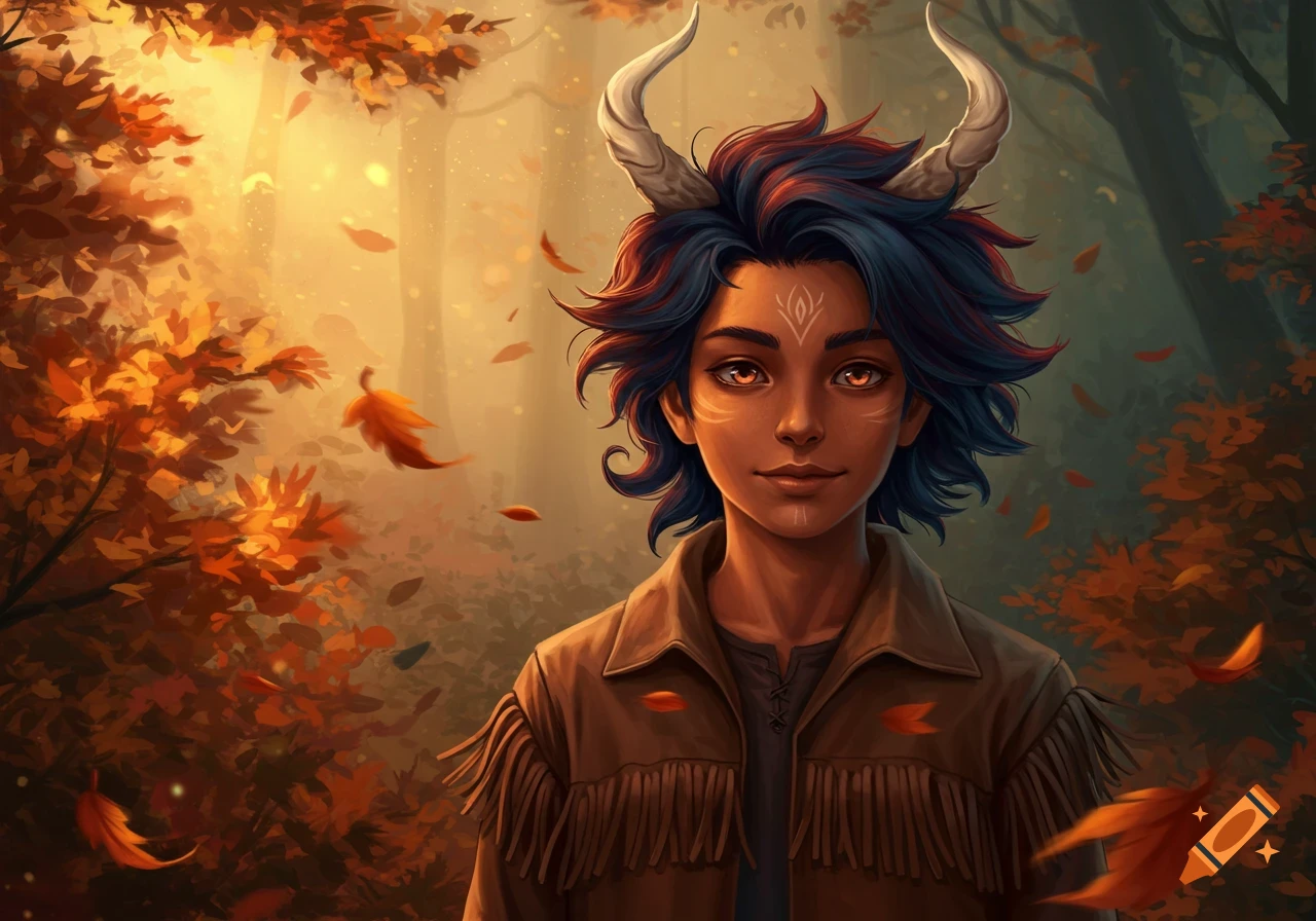 An illustrative portrait of a horned boy with dark blue and red hair, wearing a fringed jacket, in a sunlit autumn forest with falling leaves.