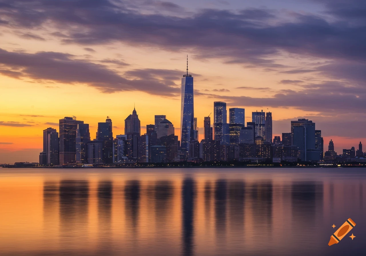 Photorealistic image of the New York City skyline at sunset, with buildings reflected in the calm water.