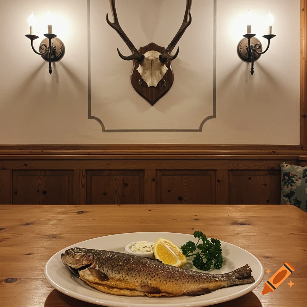 A cooked whole trout with a lemon wedge and parsley on a white plate on a wooden table, in a restaurant with a deer skull and antlers on the wall.