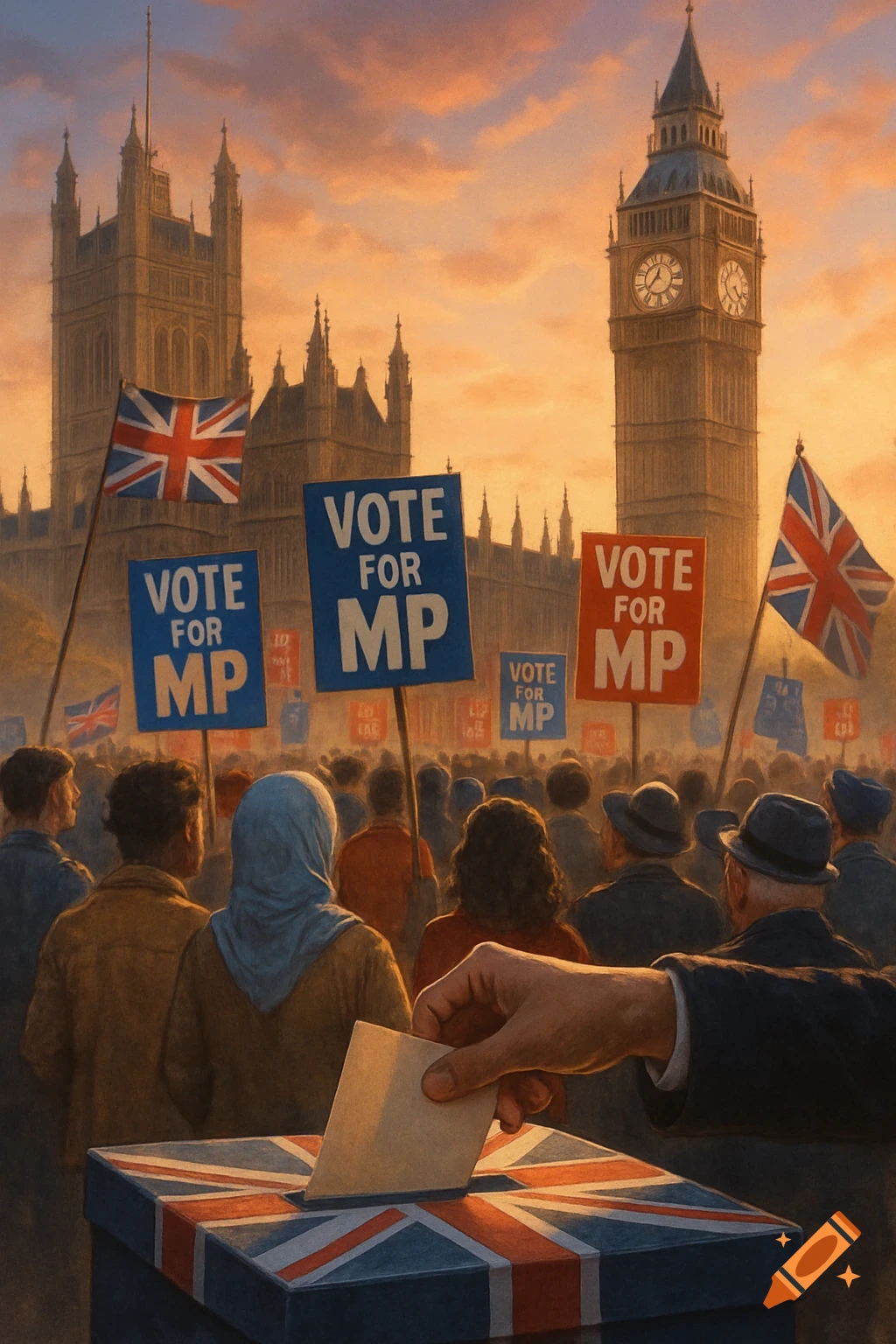 A crowd with 'VOTE FOR MP' signs and Union Jack flags gathers before the Houses of Parliament and Big Ben at sunset, with a hand casting a ballot into a Union Jack ballot box.