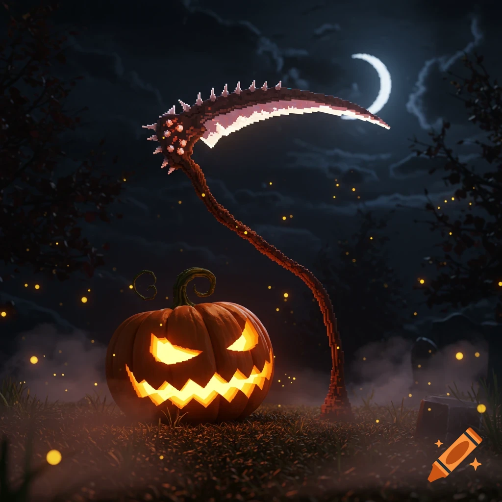 A glowing jack-o'-lantern sits in a pixelated Halloween night scene with a large pixel scythe and a crescent moon.