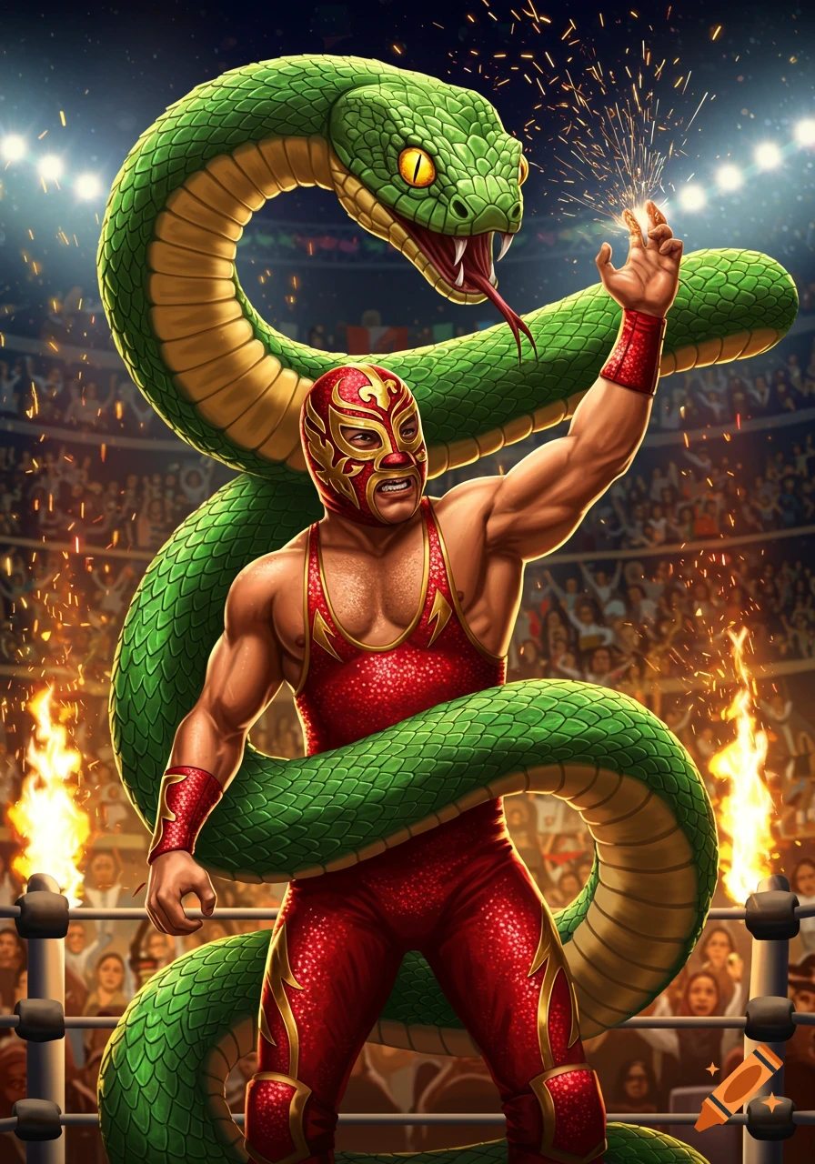 A muscular lucha libre wrestler in a red and gold mask stands with a huge green snake coiled around him in a fiery wrestling arena.