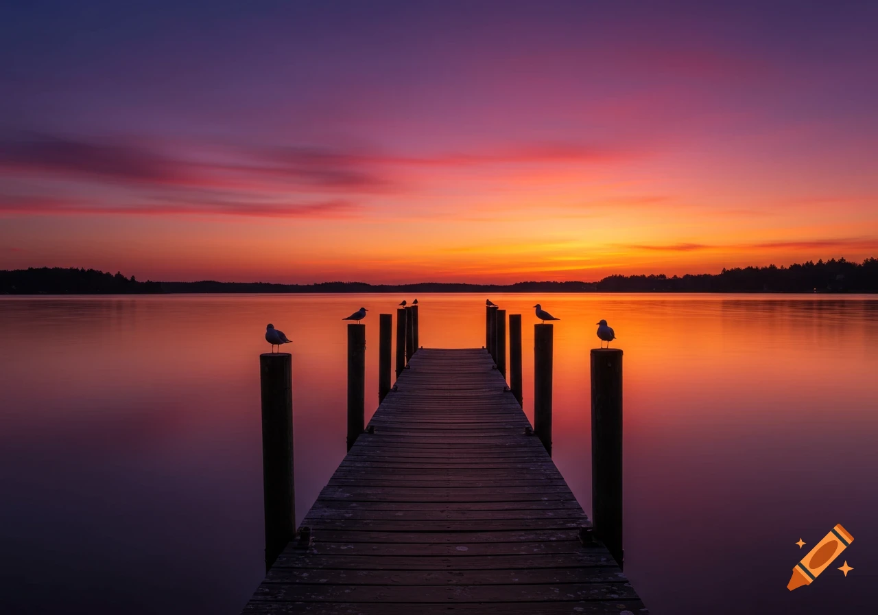 A photorealistic image of a wooden dock extending into a calm lake with several seagulls perched on posts under a vibrant orange and purple sunset.