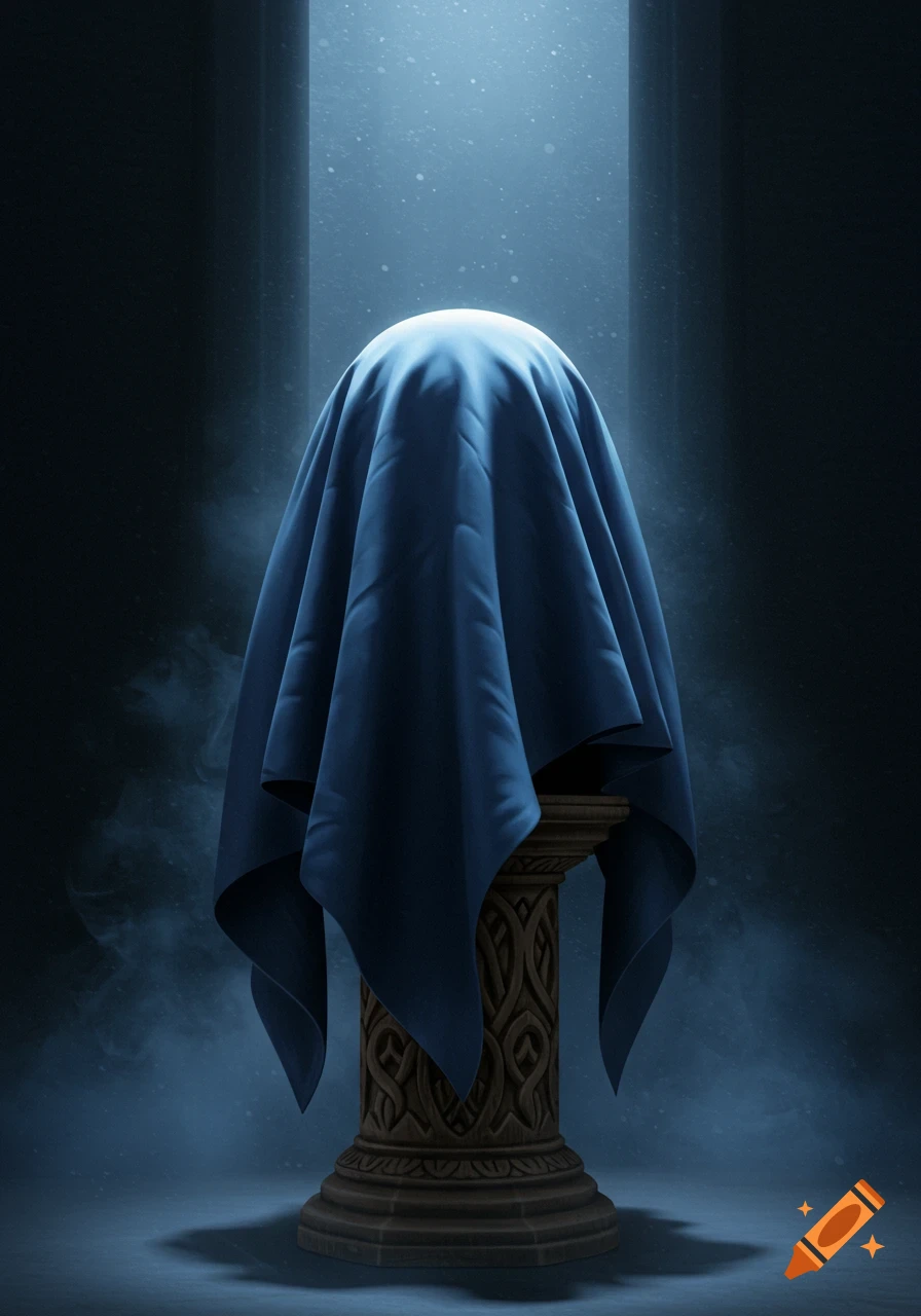 A dark blue cloth drapes over a spherical object on an ornate stone pedestal, illuminated by a spotlight from above in a moody, dark room.