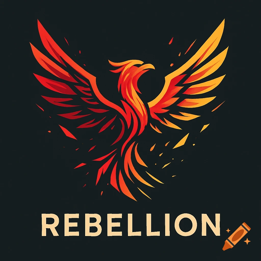 A stylized phoenix logo in fiery red and orange against a dark background, with the word REBELLION below.