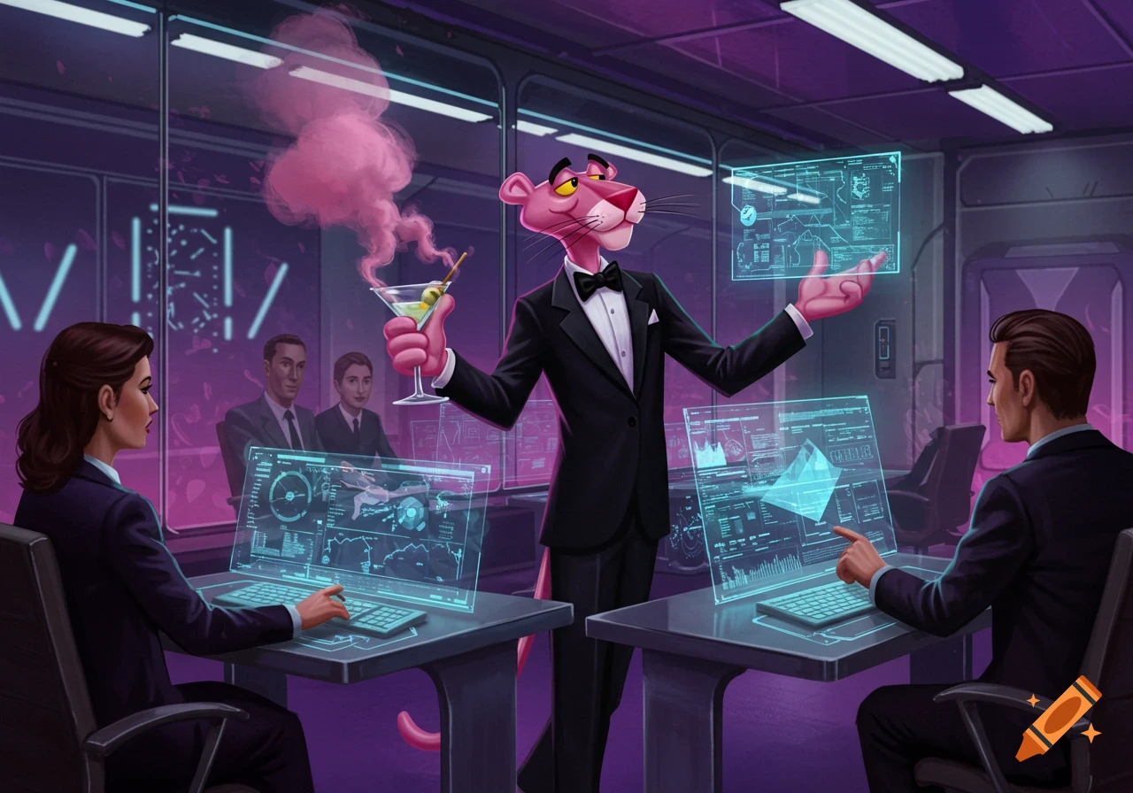 Pink Panther in a tuxedo holds a martini, standing between two agents working at holographic computer desks in a purple-lit futuristic room.