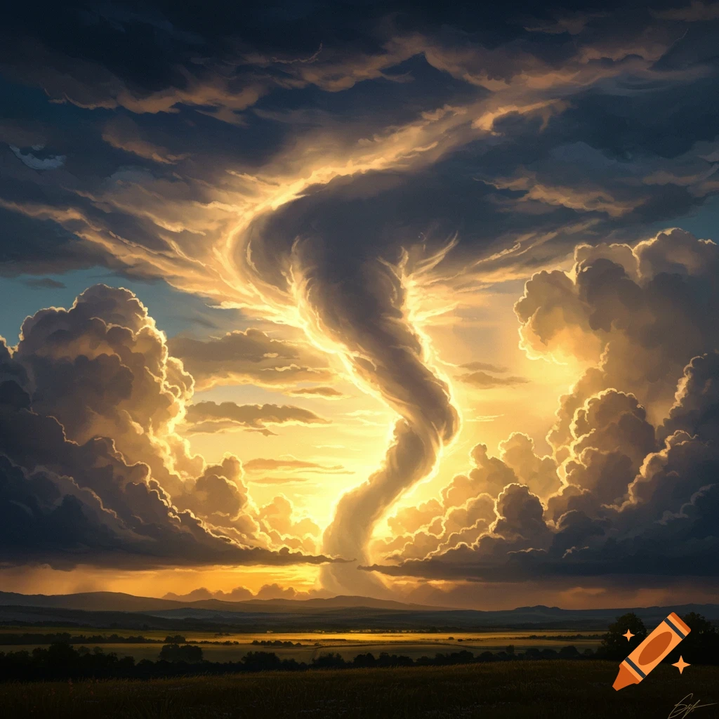 A dramatic, golden-lit cloud funnel descends from dark storm clouds over a vast green landscape at sunset.