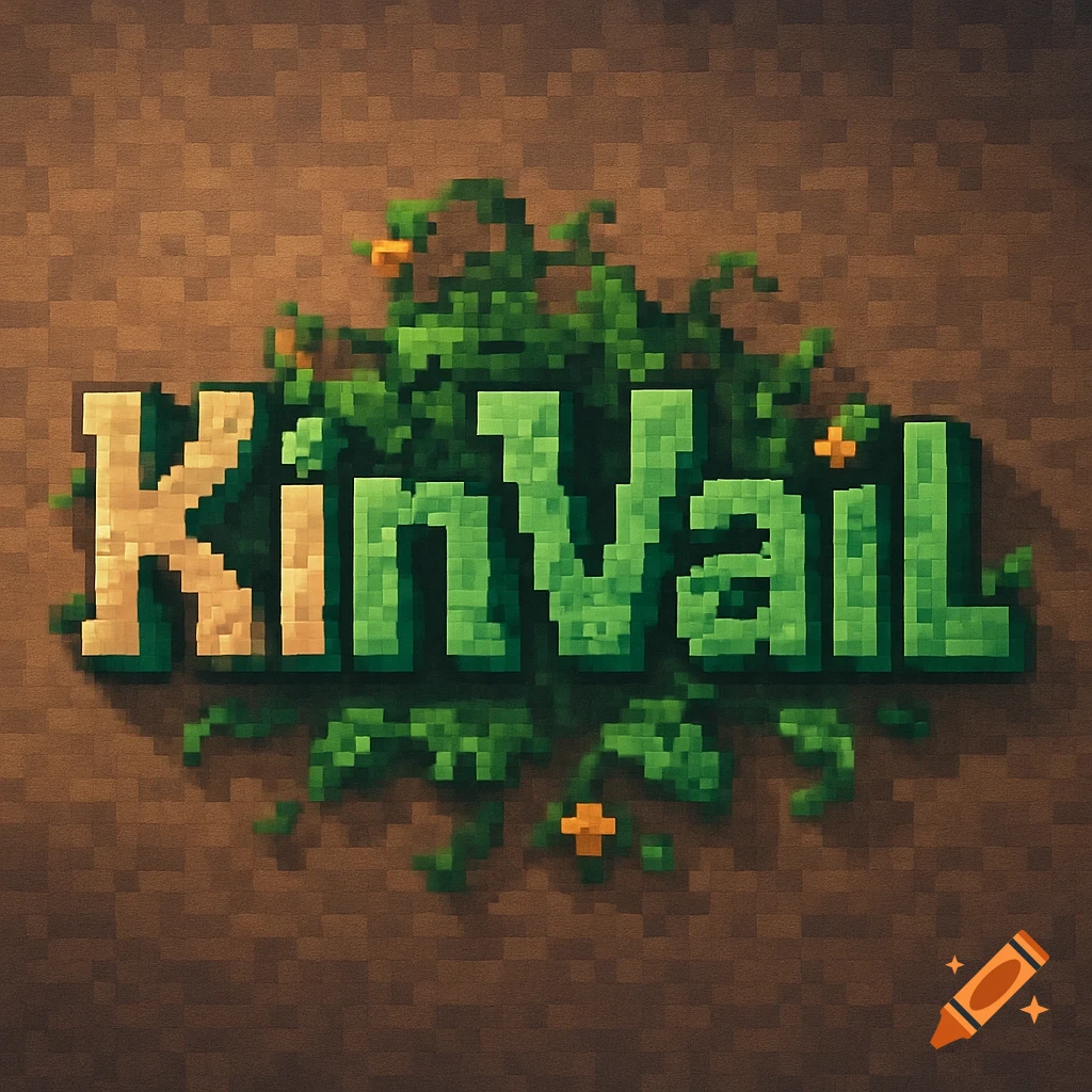 Minecraft-style logo for KinVail with pixelated text and green vines on a brown block background.