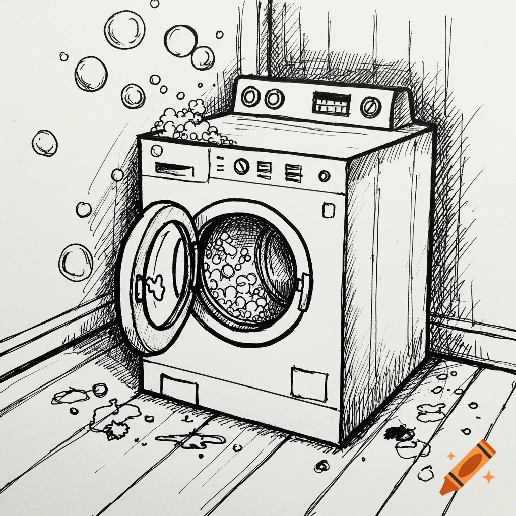 A pen and ink illustration of a washing machine with its door open, overflowing with bubbles, and water on the floor.