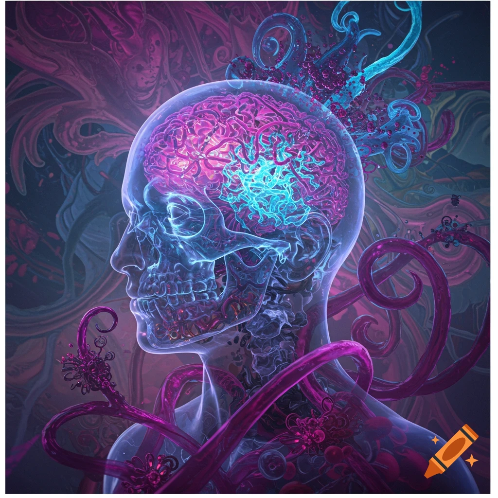 Abstract profile of a translucent human head with a glowing brain and skull, surrounded by vibrant pink and blue tendrils.