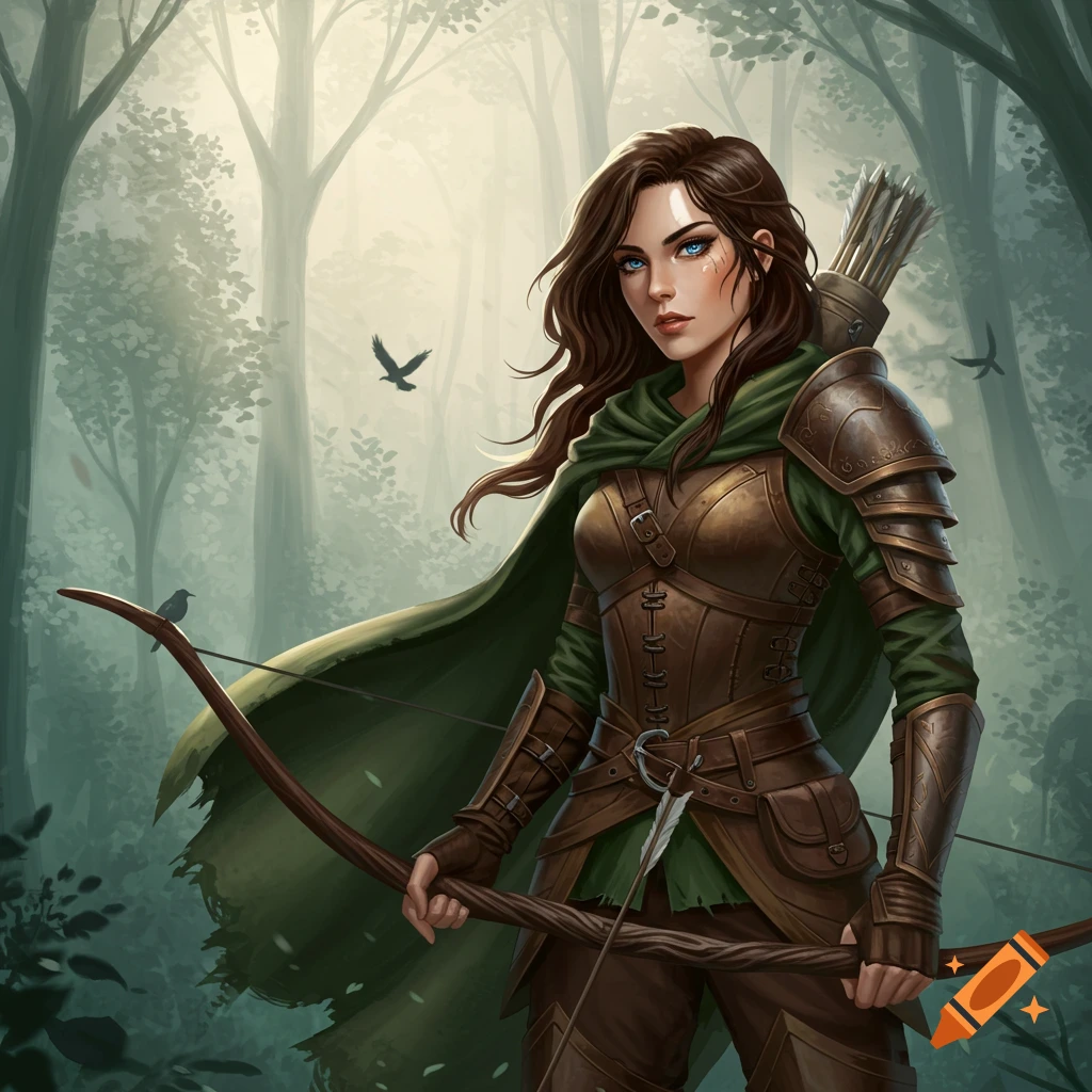 A female ranger with dark brown hair and blue eyes, dressed in green and brown armor, holds a bow in an enchanted forest.