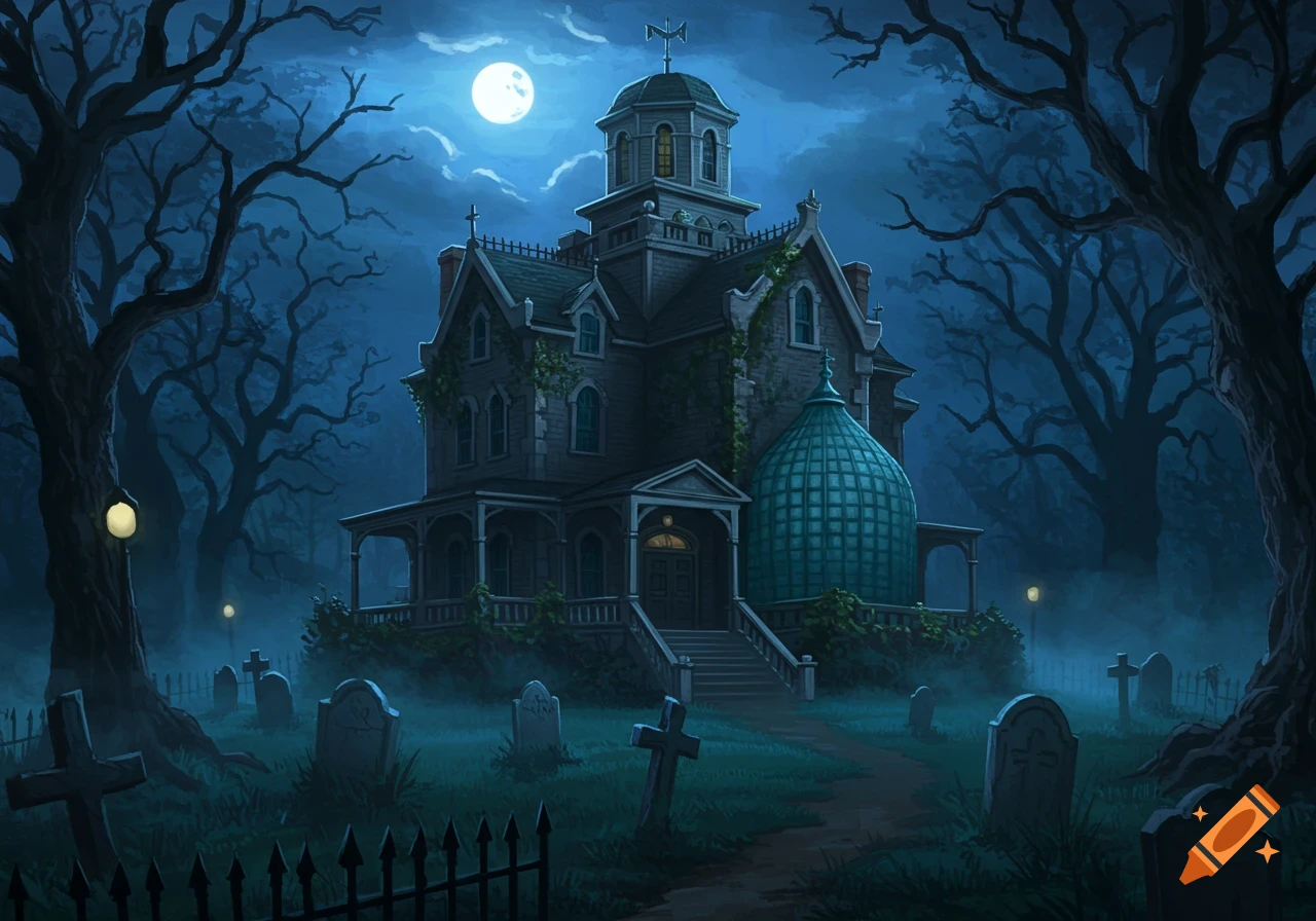 A stylized haunted mansion at night, with a full moon, dark gnarled trees, and gravestones in the foreground.