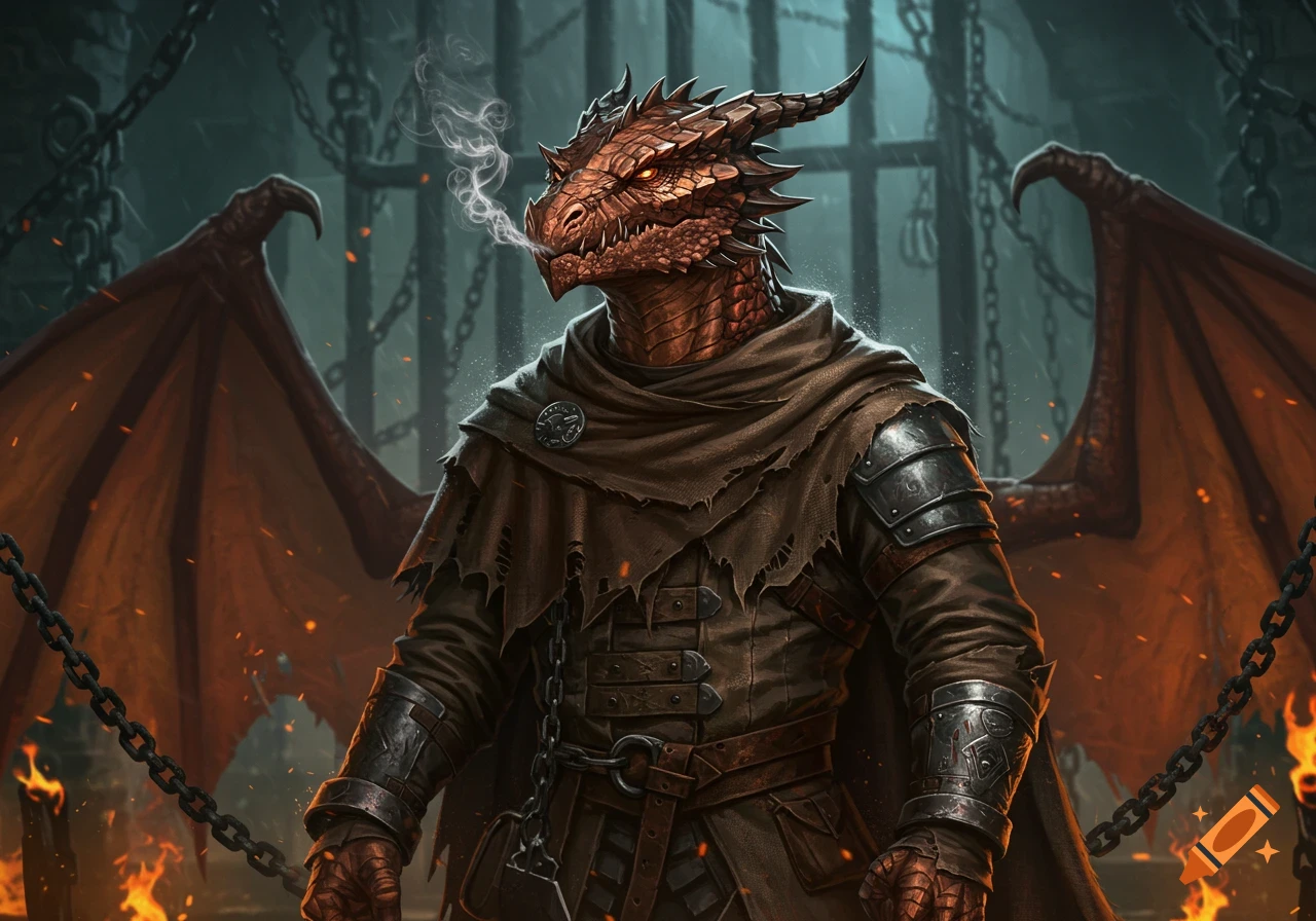 A red-scaled dragon-like humanoid, wearing torn robes and armor, smokes in a dark dungeon with chains and fire.