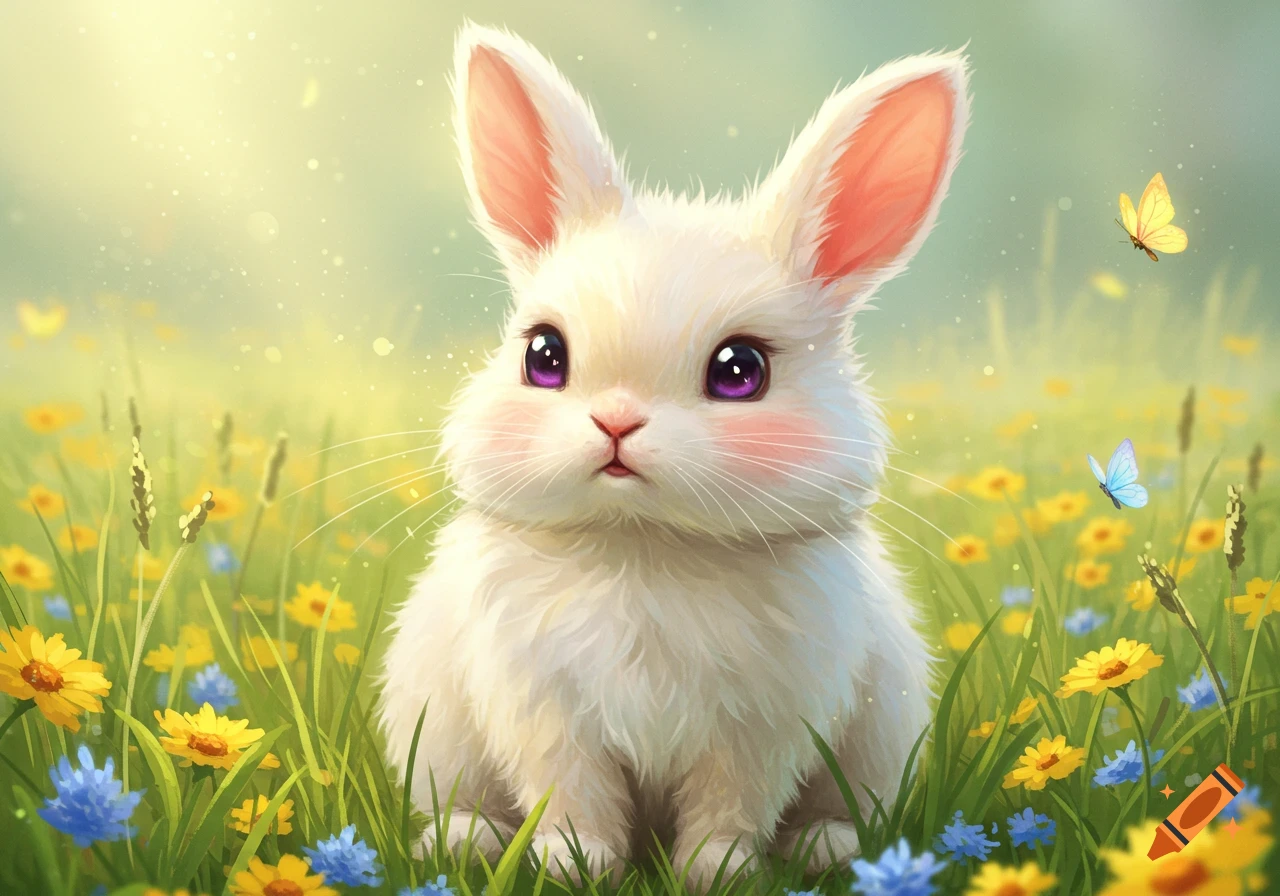A cute white bunny with large purple eyes sits in a vibrant field of yellow and blue flowers with butterflies in an illustrative style.