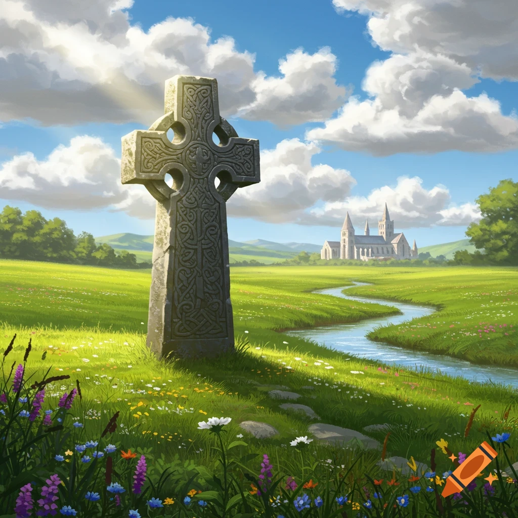A majestic Celtic cross stands in a lush green meadow with a winding river, wildflowers, and a distant church under a blue, cloudy sky.