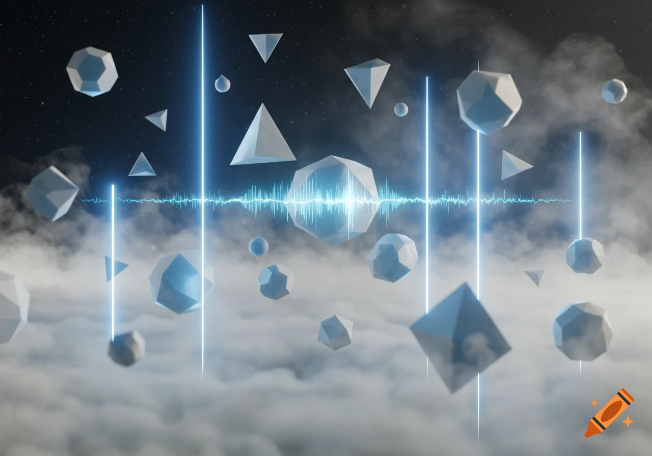 Geometric shapes like octahedrons and pyramids float in a cosmic cloudscape with blue light beams and a glowing central waveform.