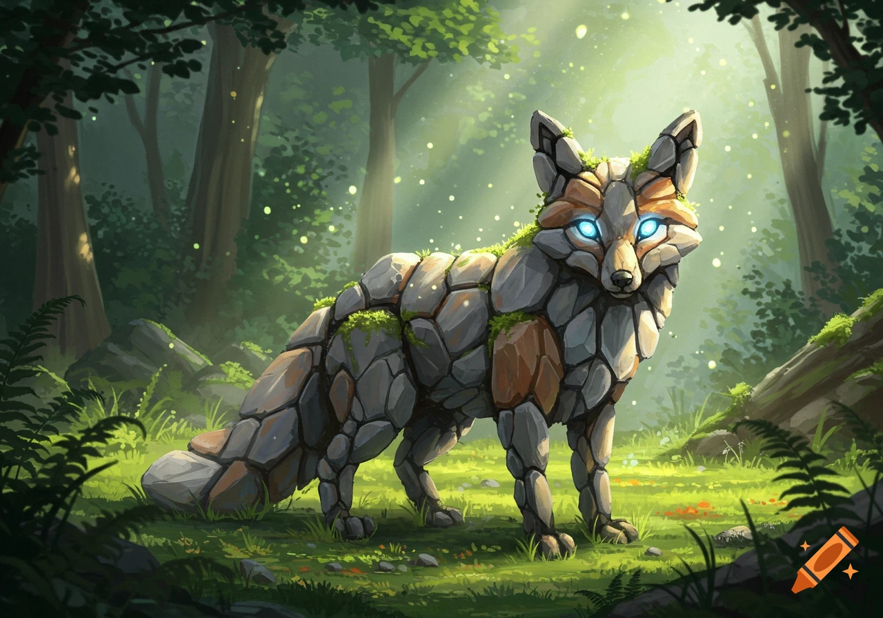 A stylized fox made of grey and brown rocks with moss patches and glowing blue eyes stands in a vibrant, sun-dappled green forest.