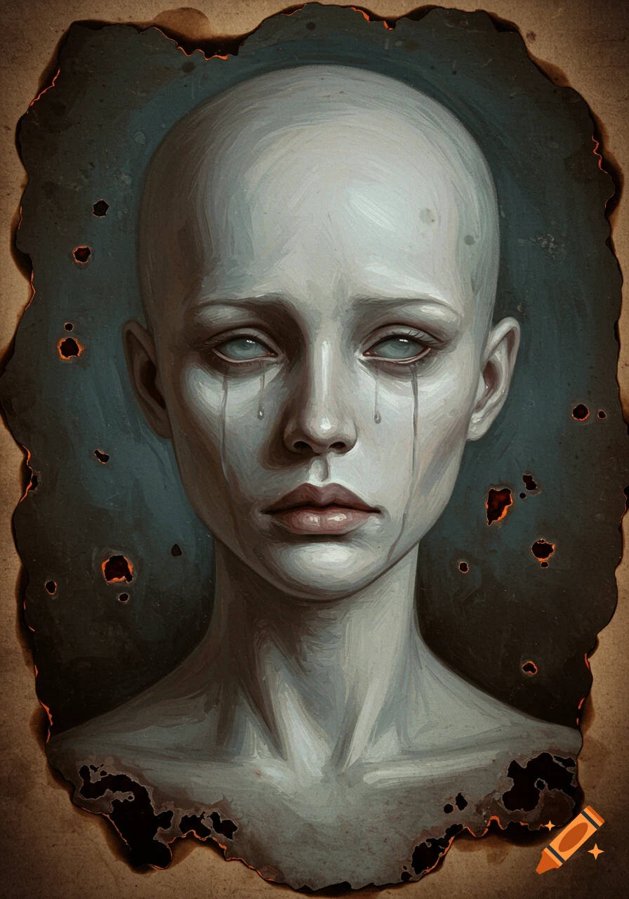 An oil painting of a pale, bald woman crying with tears, set against a dark background with burnt paper edges.