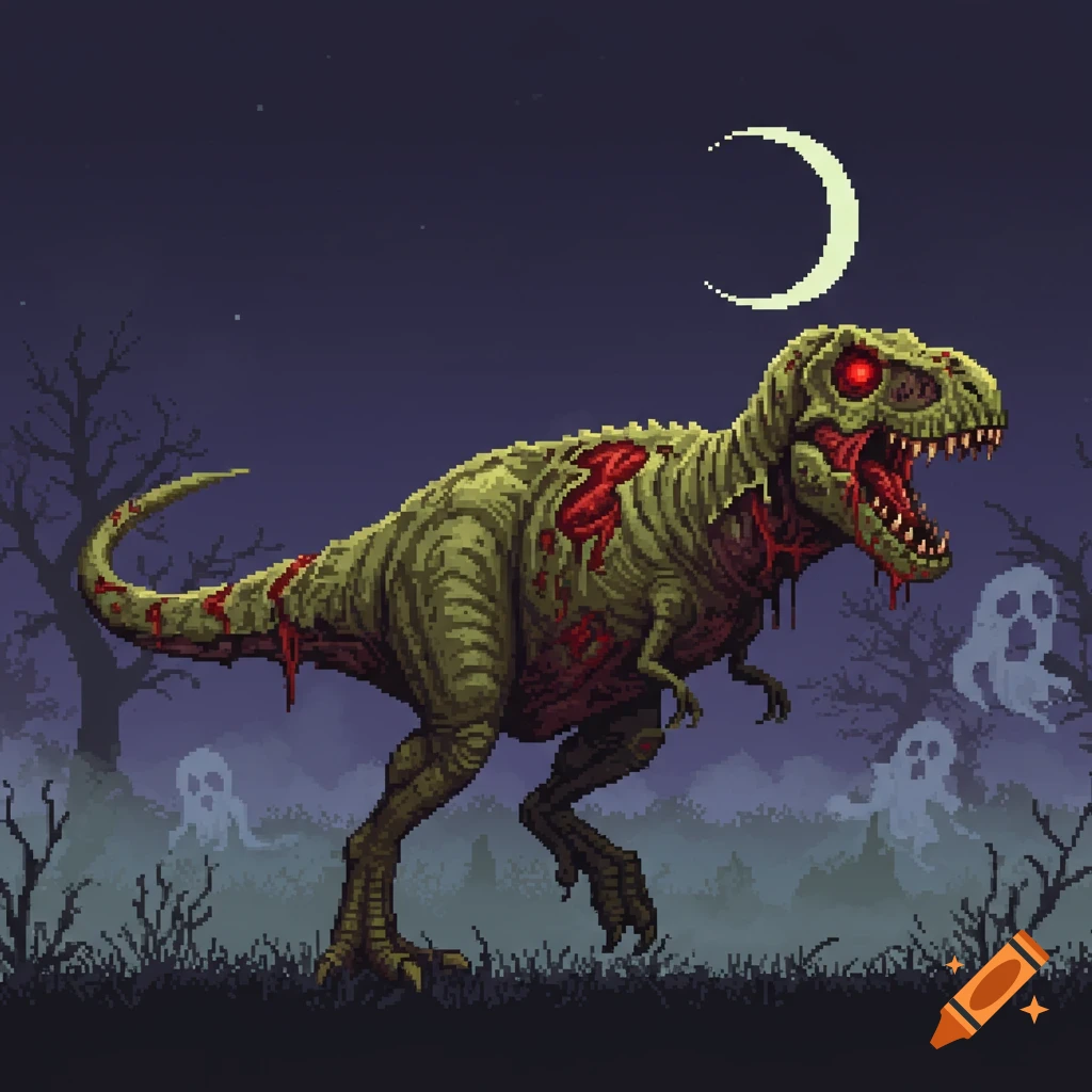 Pixel art zombie T-Rex with red eyes and exposed flesh under a crescent moon in a misty, spooky landscape with ghosts.