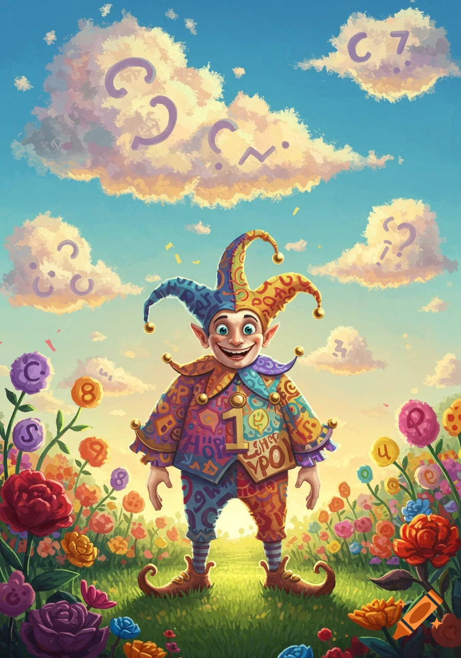 A grinning jester, the god of puns, in a vibrant, colorful costume with jumbled letters and a prominent 'TYPO' on his chest, stands in a field of colorful flowers with letters and numbers, under a sky with cloud-like question marks. Stylized digital art.