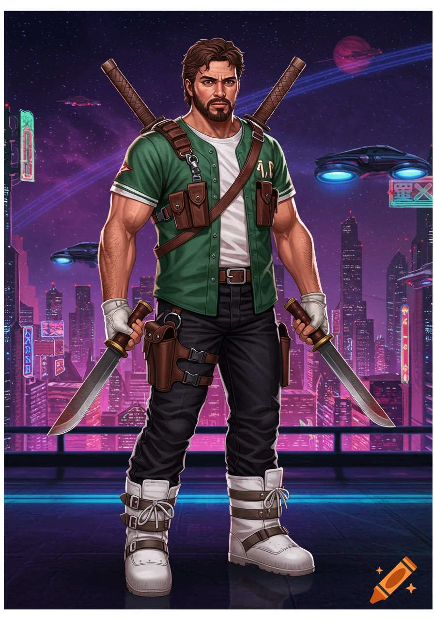 A man in a green baseball jersey and black jeans stands with two knives, machetes crossed on his back, in a futuristic city with flying cars and a purple sky.