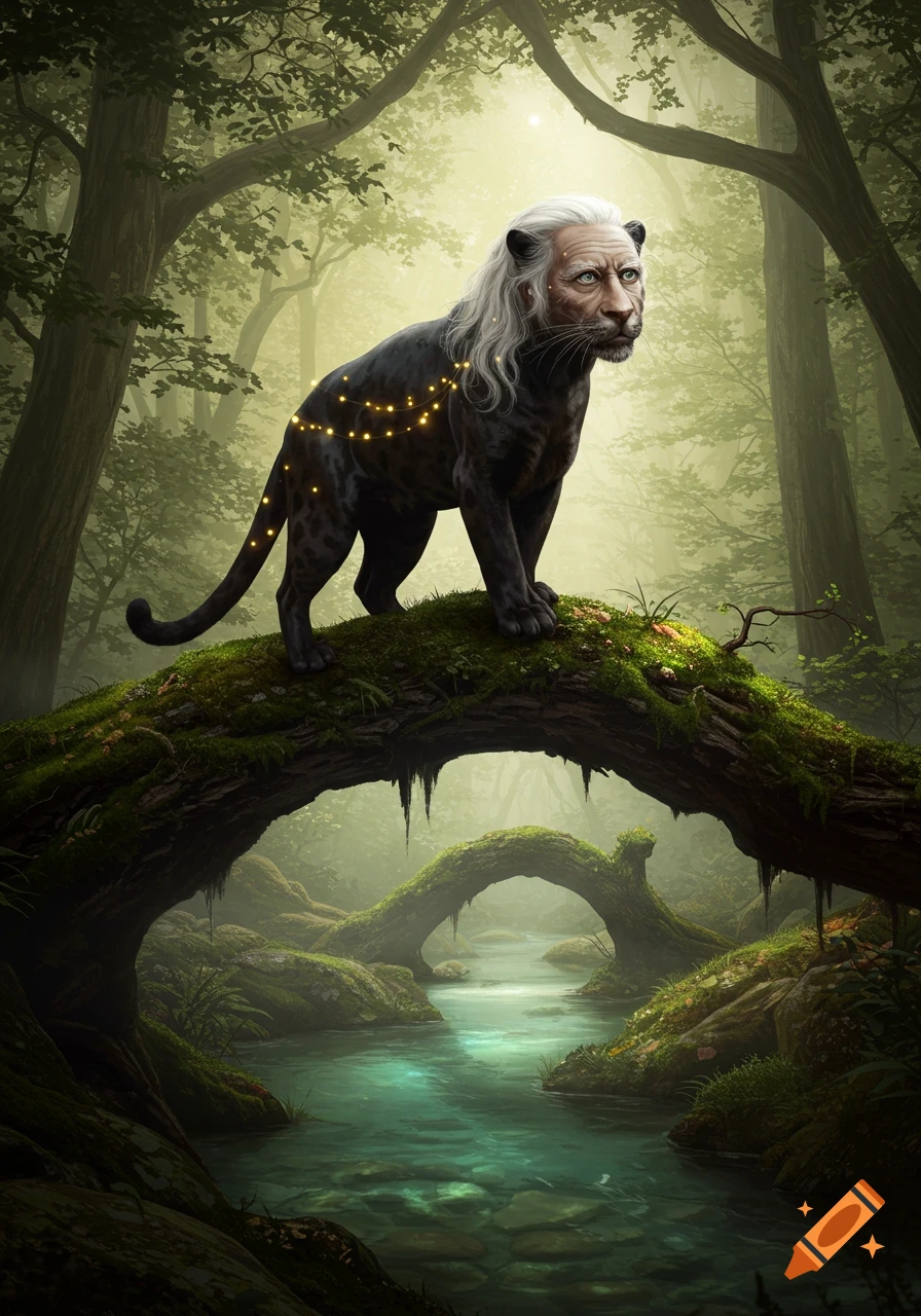 A black panther with an old man's head and white hair stands on a mossy log over a stream in a mystical forest. Glowing lights adorn its back.