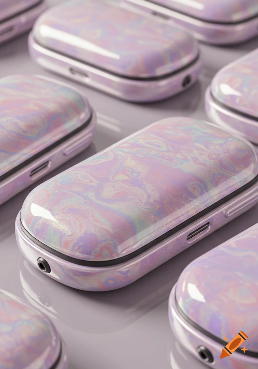 Close-up of several iridescent pastel tablet pods or cases arranged on a light purple surface.