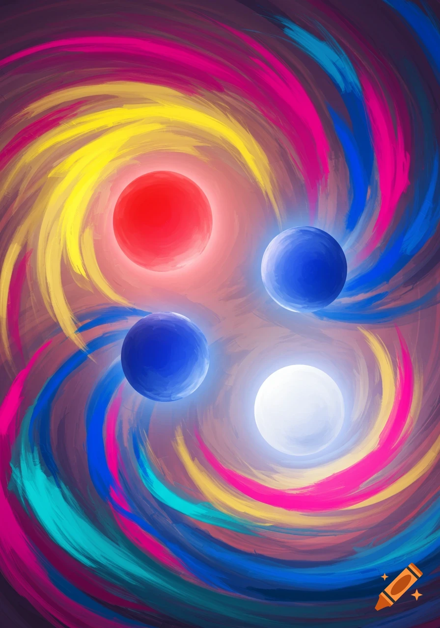 Four glowing red, blue, and white orbs surrounded by swirling strokes of magenta, yellow, blue, and teal in an abstract digital painting.