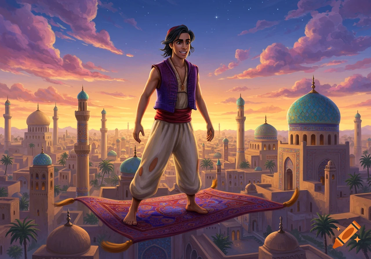 Aladdin on a magic carpet flies over a city of minarets and domes during a vibrant sunset in digital art.