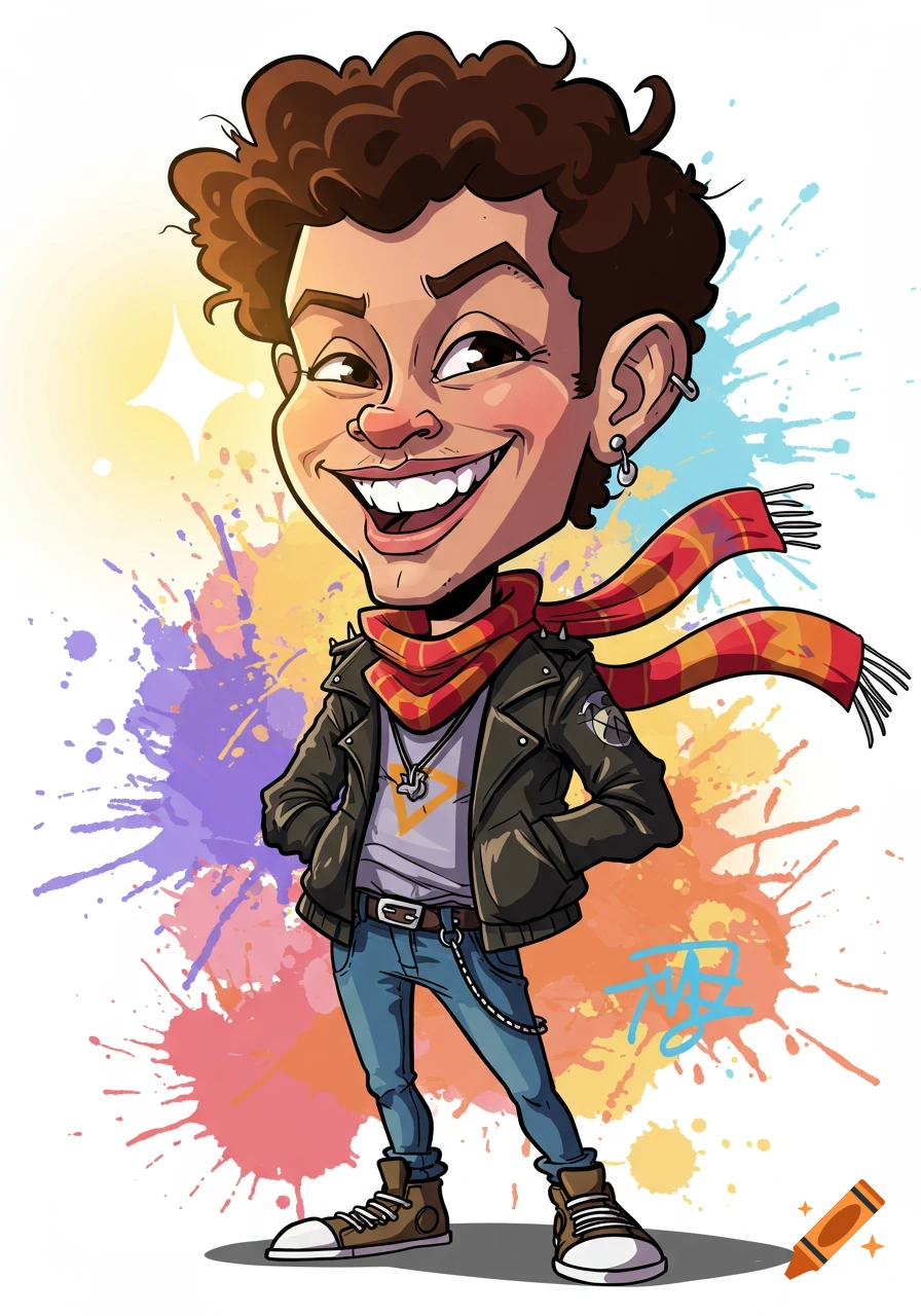 A colorful caricature of a confident character with curly hair, a wide smile, wearing a leather jacket, red and orange striped scarf, jeans, and sneakers, standing against a vibrant paint splatter background.