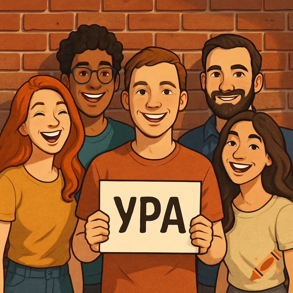 Five smiling cartoon people, three men and two women, standing in front of a brick wall. One man holds a sign with "УРА".