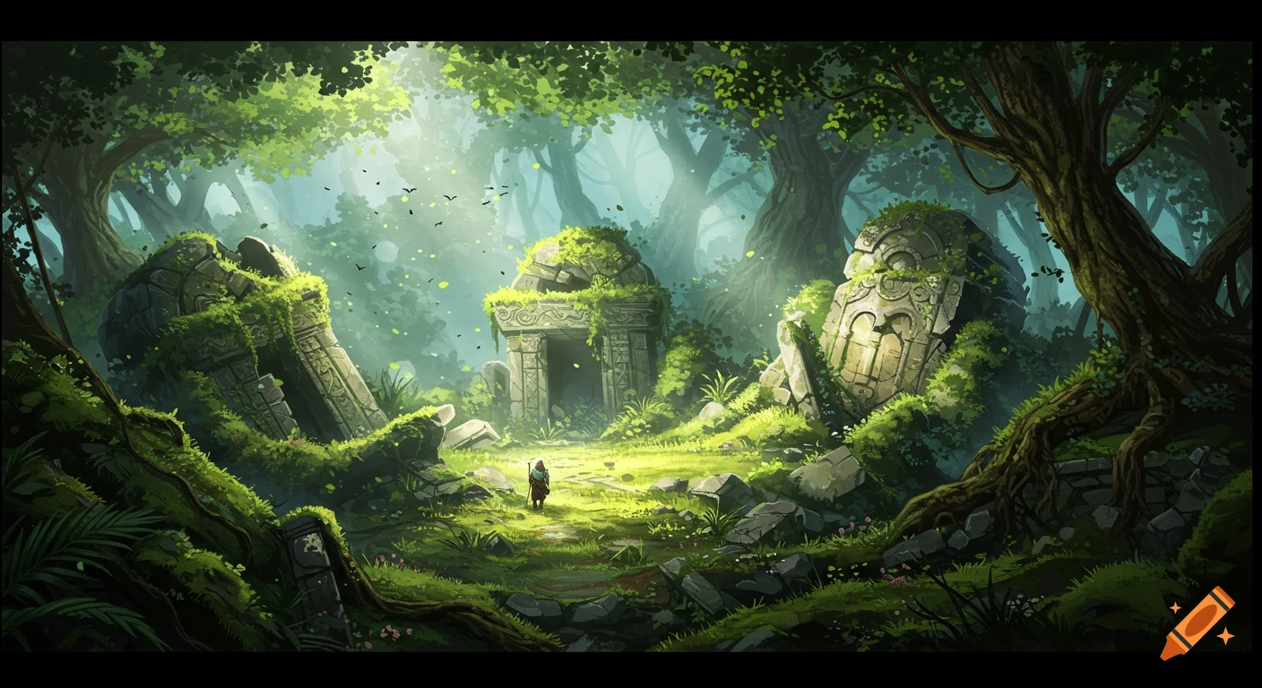A small figure stands in a clearing amidst moss-covered ancient ruins and lush green trees in a vibrant anime style.