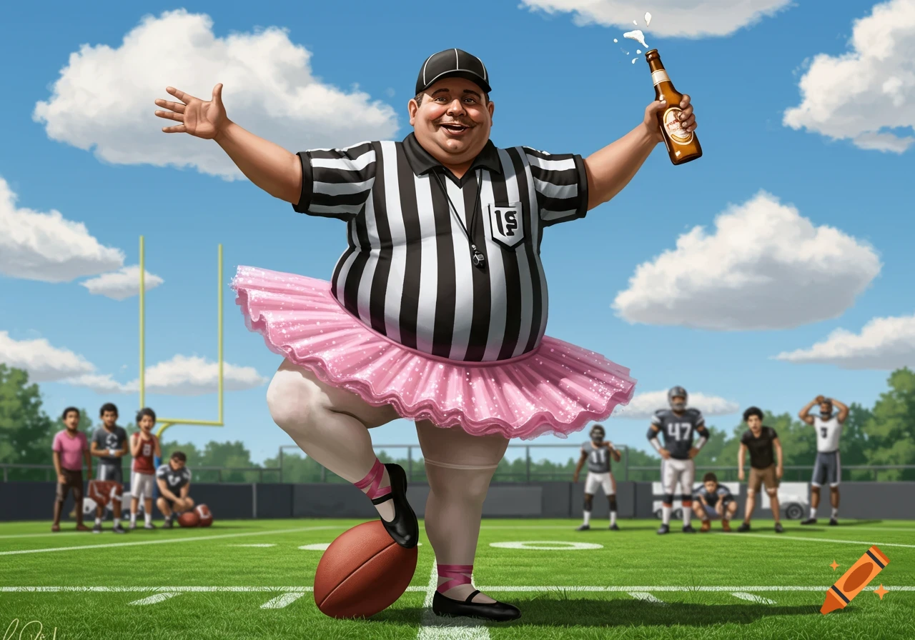 A cartoon-style, portly football referee in a pink ballet tutu stands on a football field, holding a spilling beer bottle, with players in the background.