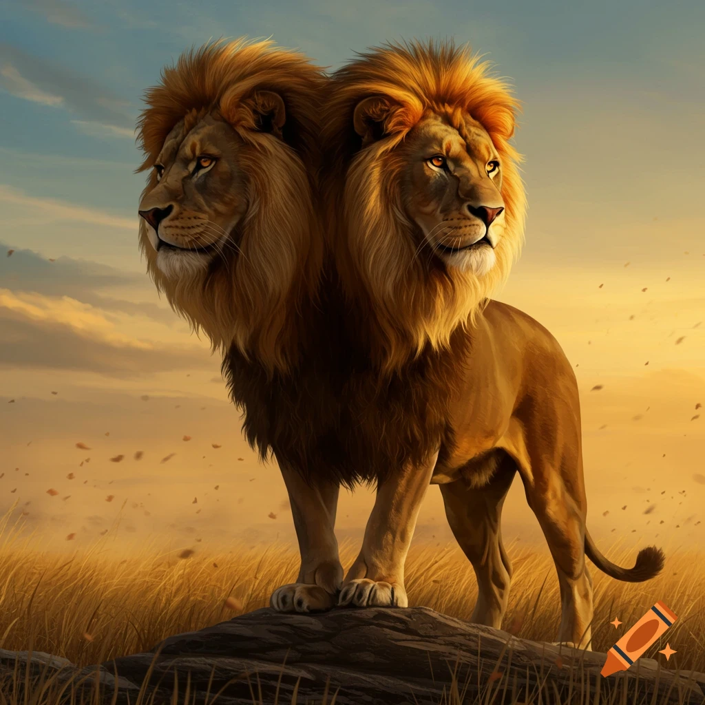 A majestic two-headed lion stands on a rock in a grassy savanna under a dramatic sunset sky, depicted in a photorealistic style.