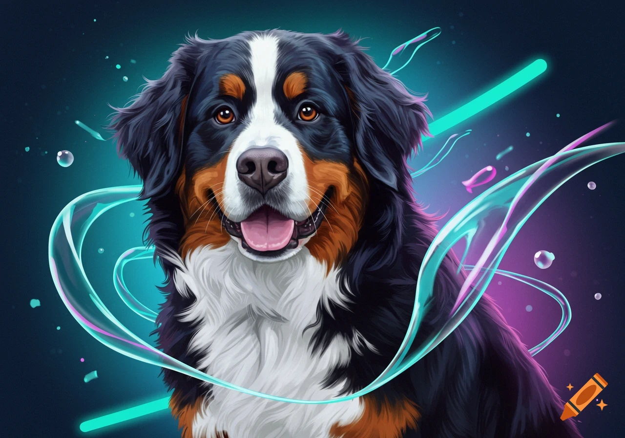 A happy Bernese Mountain Dog in a stylized digital art portrait with a dark background and glowing neon blue and pink lines.