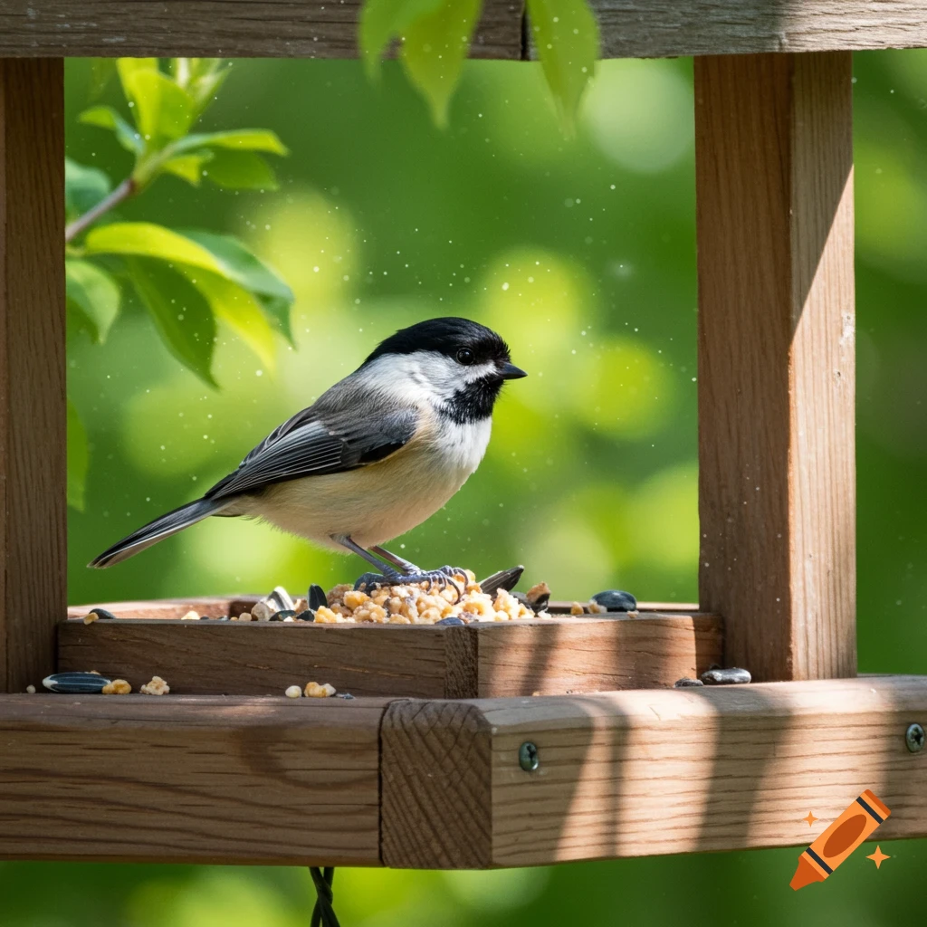 A photorealistic Black-capped Chickadee perched on a wooden bird feeder with seeds, against a green blurred background.
