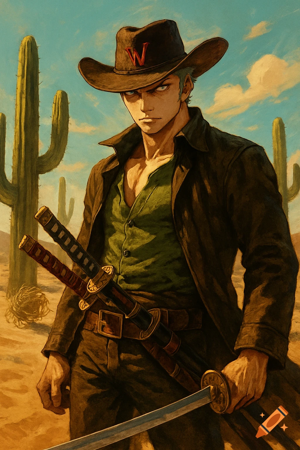 Anime-style Roronoa Zoro as a cowboy in a desert with a 'W' hat, drawing a katana with two more on his hip.