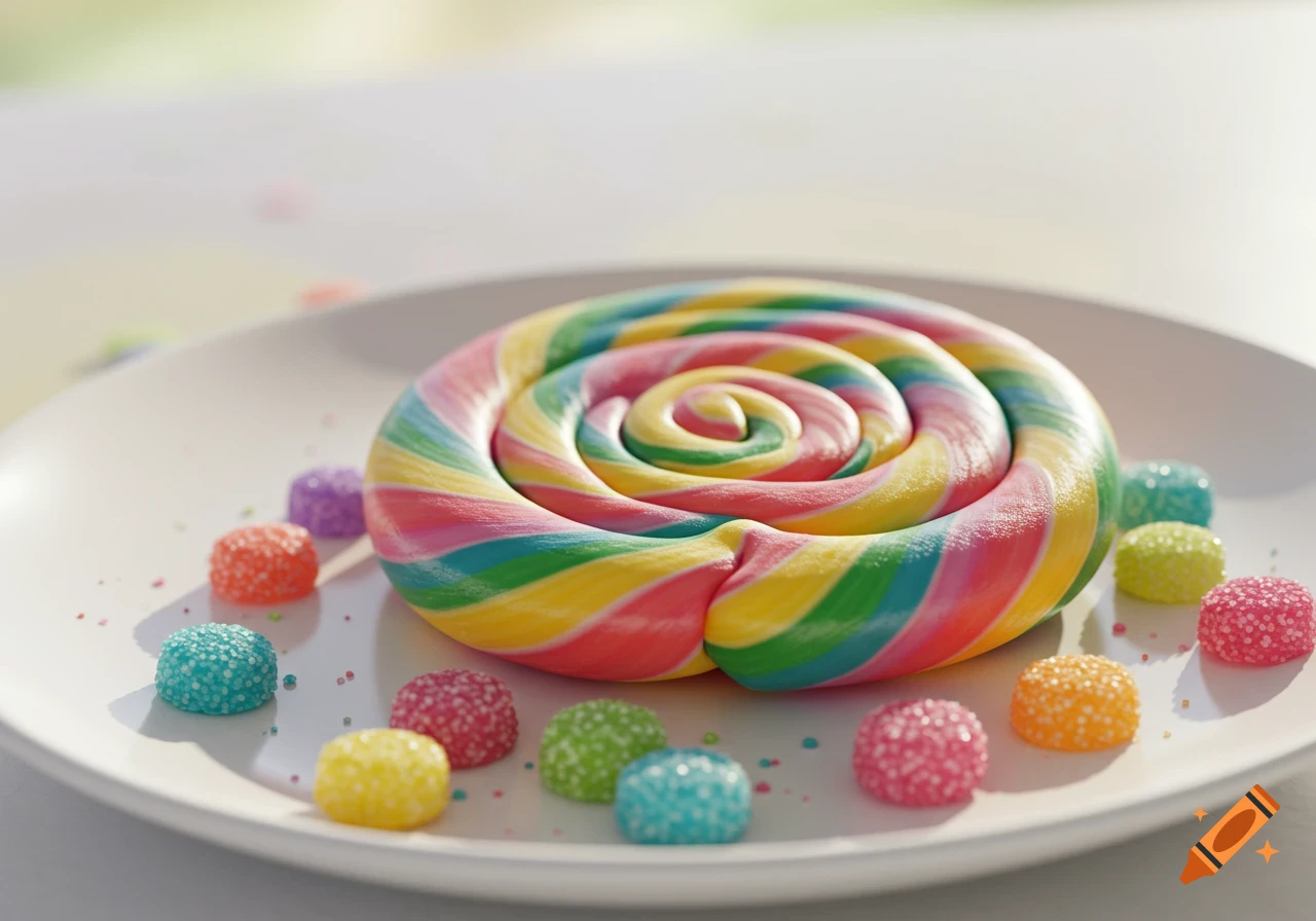 A colorful rainbow swirl lollipop surrounded by small, sugary gummy candies on a white plate, photorealistic.