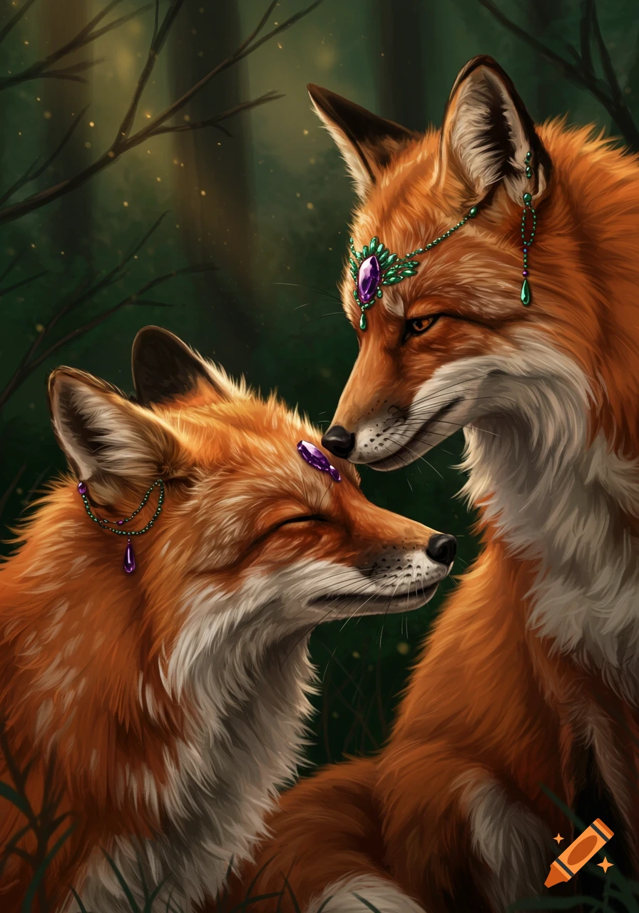 Two red foxes with intricate green and purple gemstone jewelry touch noses in a dark, magical forest, digital art.